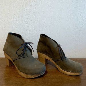 No. 6 Green Suede Wooden Clog Heels